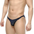 Navy blue sheer mesh thong with solid fabric waistband from MetroMaleWear slim bikini 3604-28 showing front side