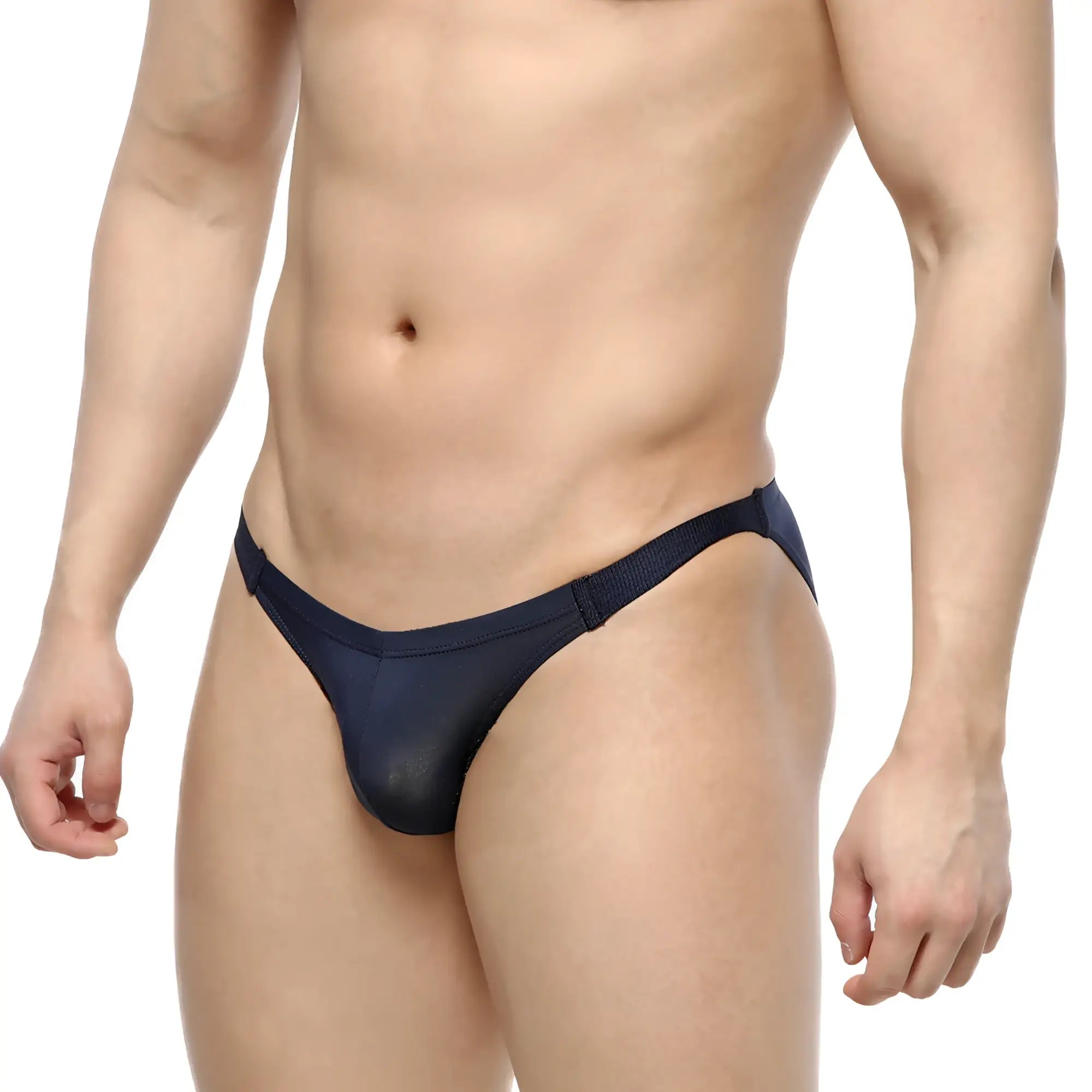 Navy blue sheer mesh thong with solid fabric waistband from MetroMaleWear slim bikini 3604-28 showing front side