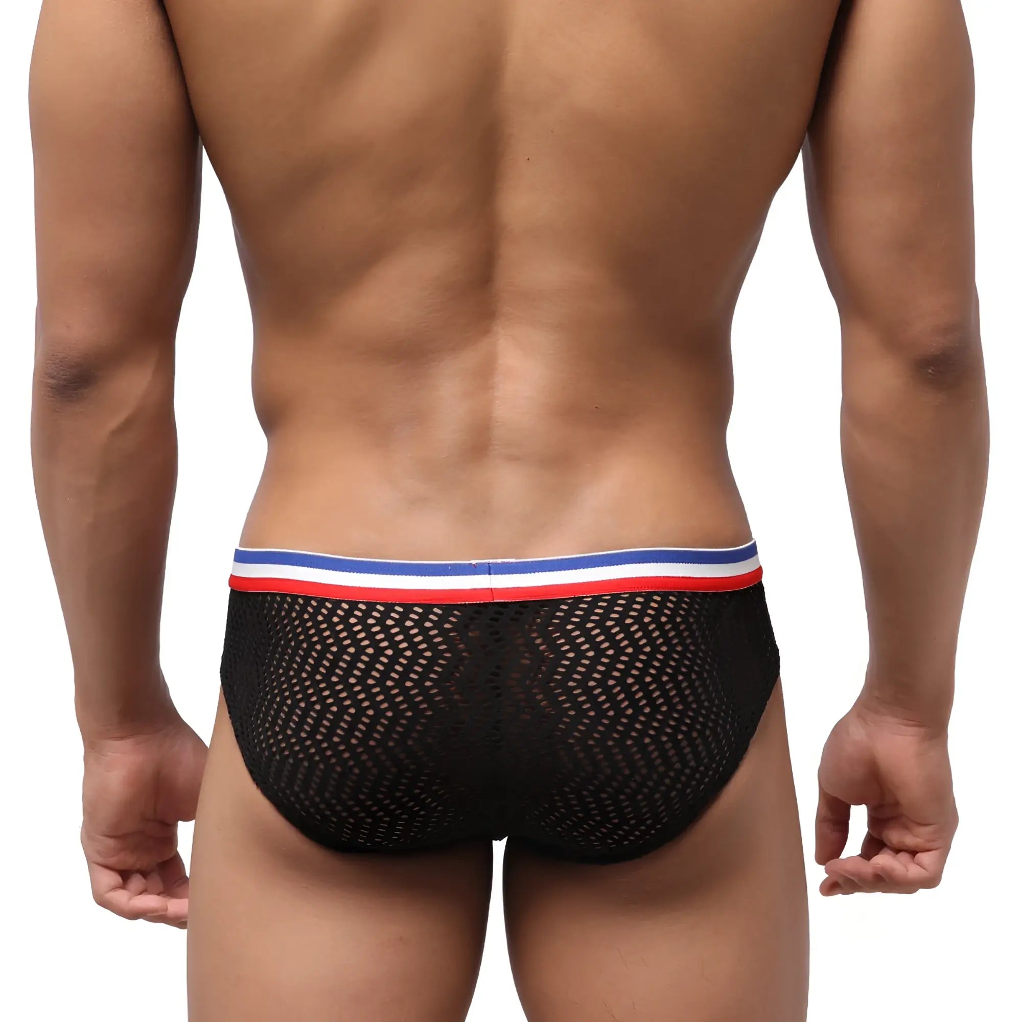 MetroMaleWear slim fit hip brief lace black mesh briefs with red white and blue striped waistband front view