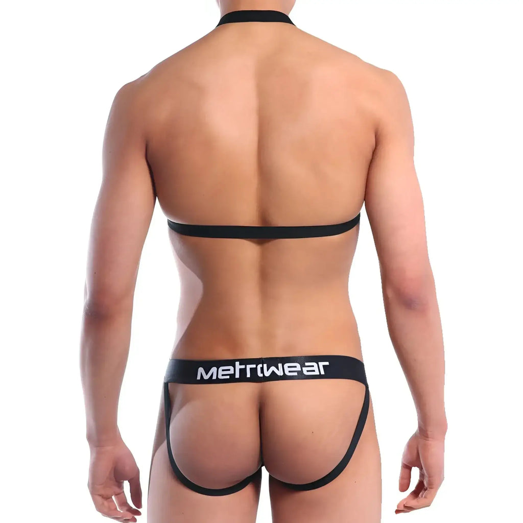 Black metriwear sling jock strap briefs with thin waistband and leg straps designed for comfortable support
