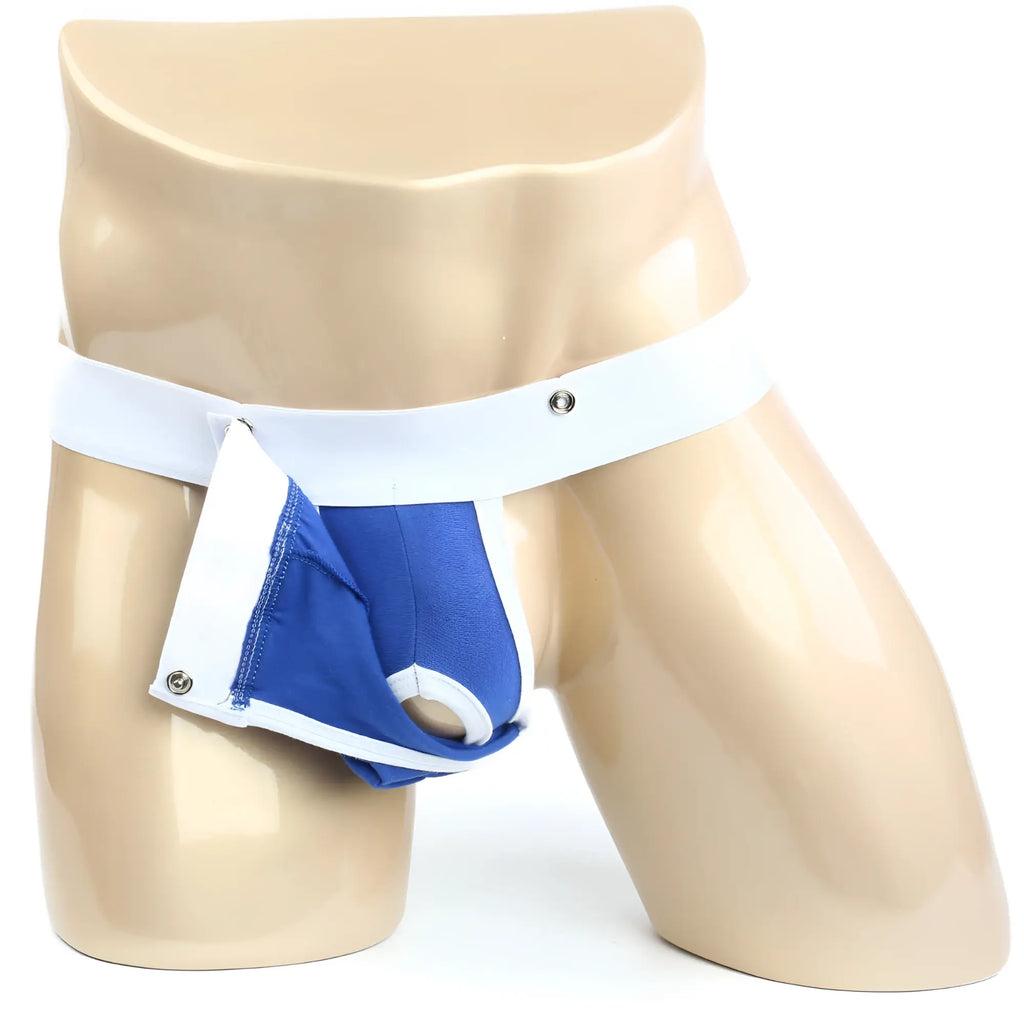Blue and white mens briefs with button closure by metromalewear model snap g royal 2216-18