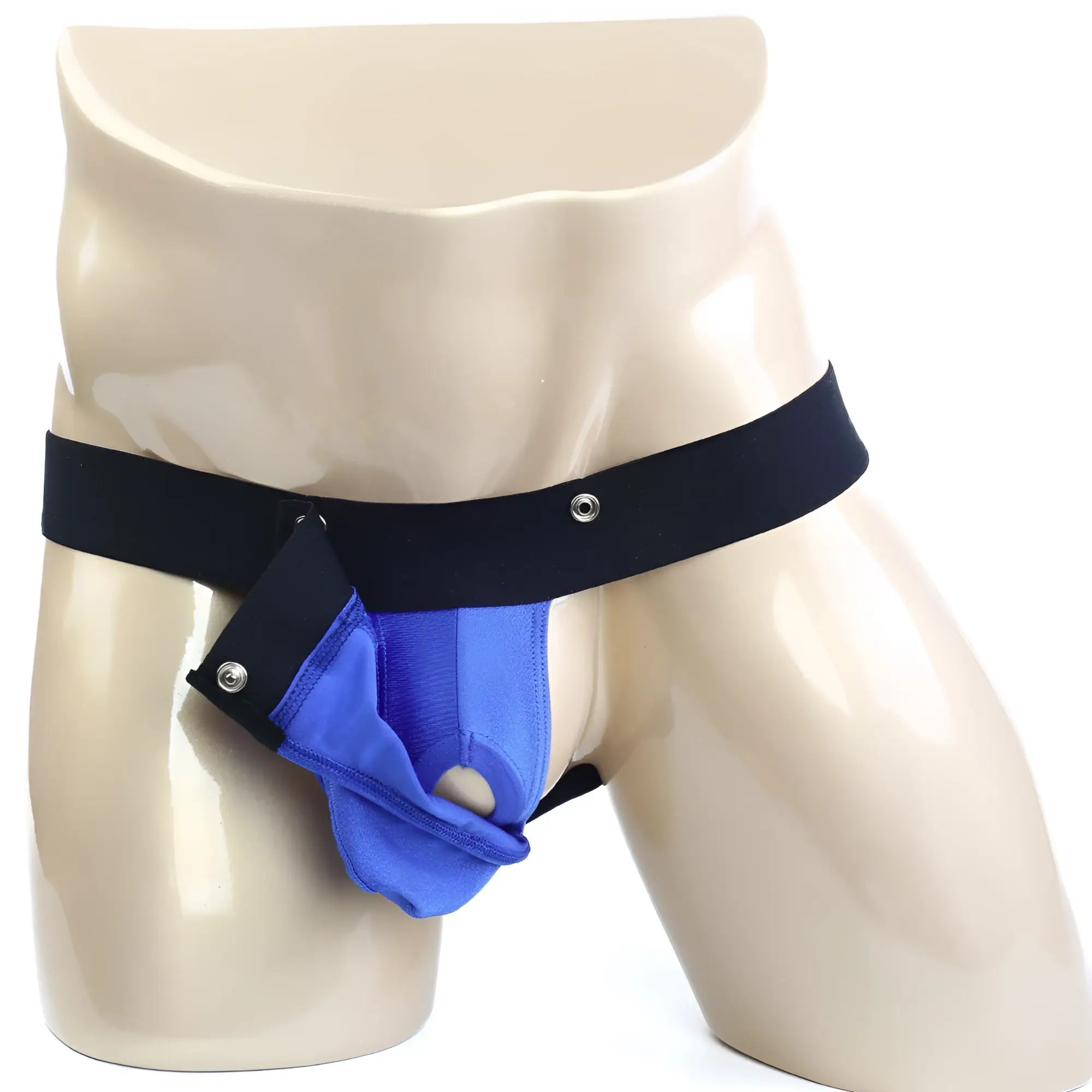 Blue and black MetroMaleWear snap jock strap athletic briefs with snap-button closure for secure fit