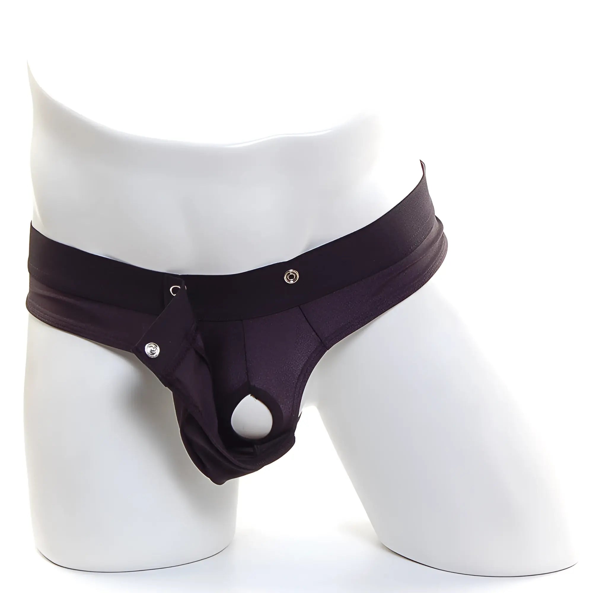 Black mens thong by metromalewear with wide waistband and silver-toned snap closures in black shown from back