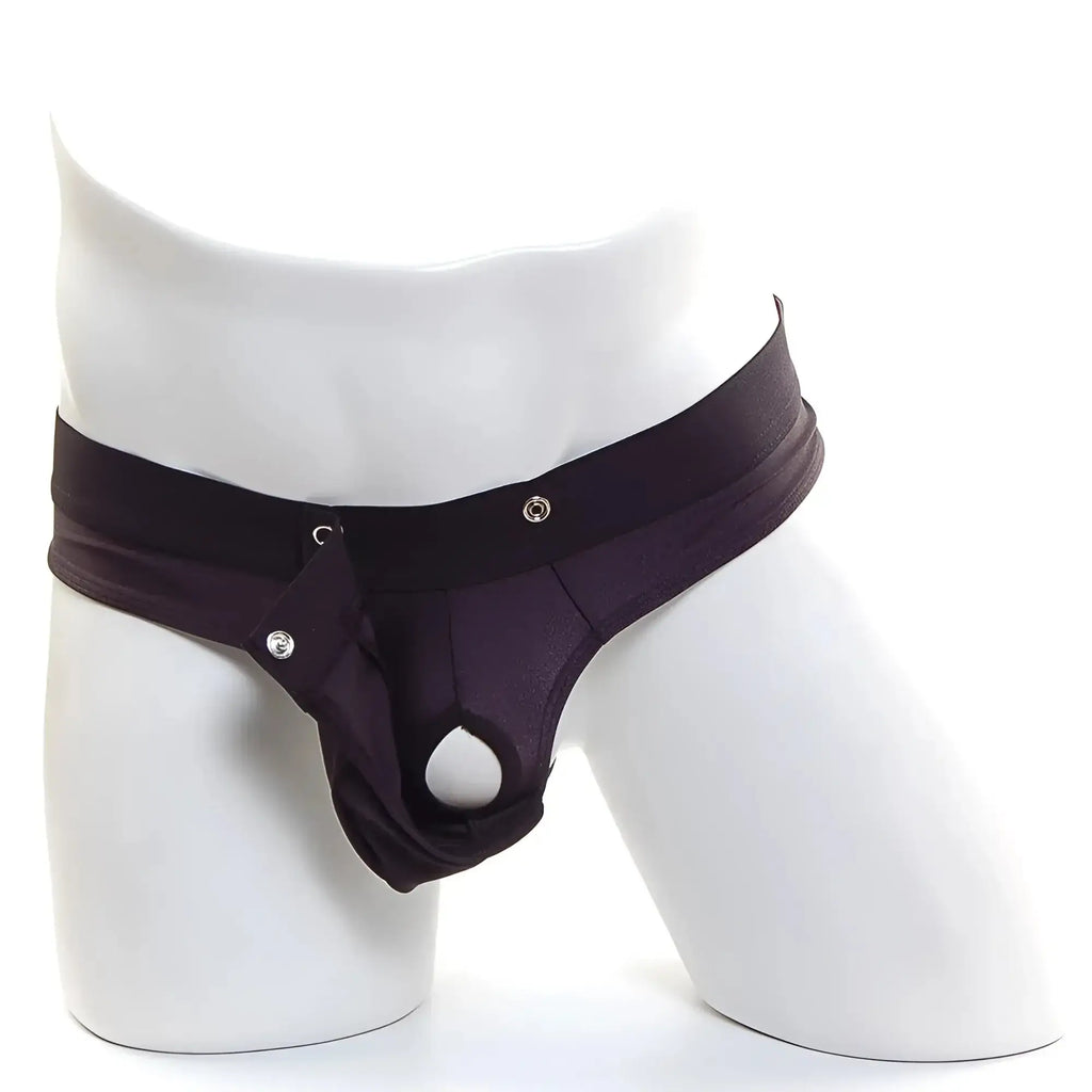 Black mens thong by metromalewear with wide waistband and silver-toned snap closures in black shown from back