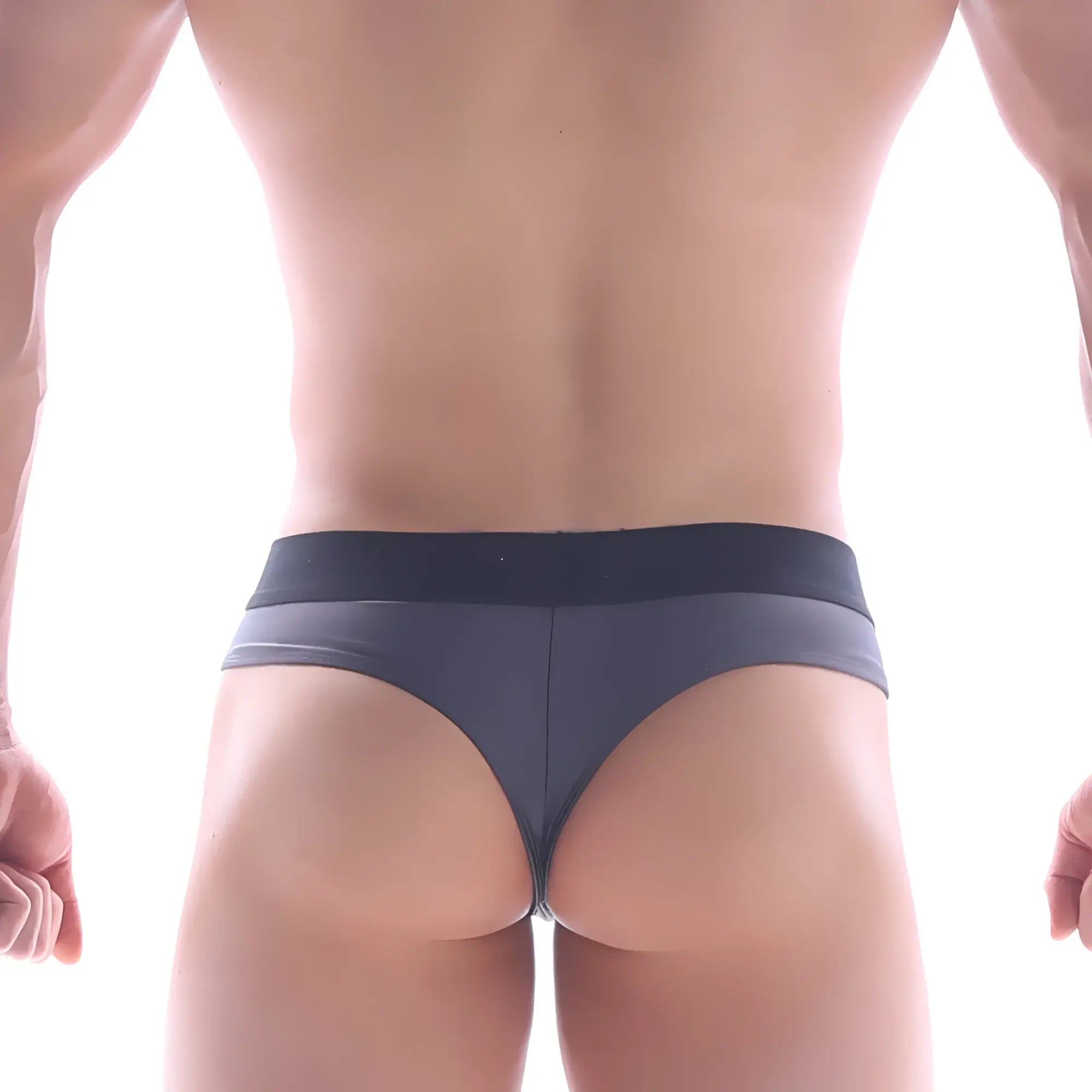 Dark gray sleek form-fitting thong with wide waistband by metromalewear ideal for comfortable daily wear