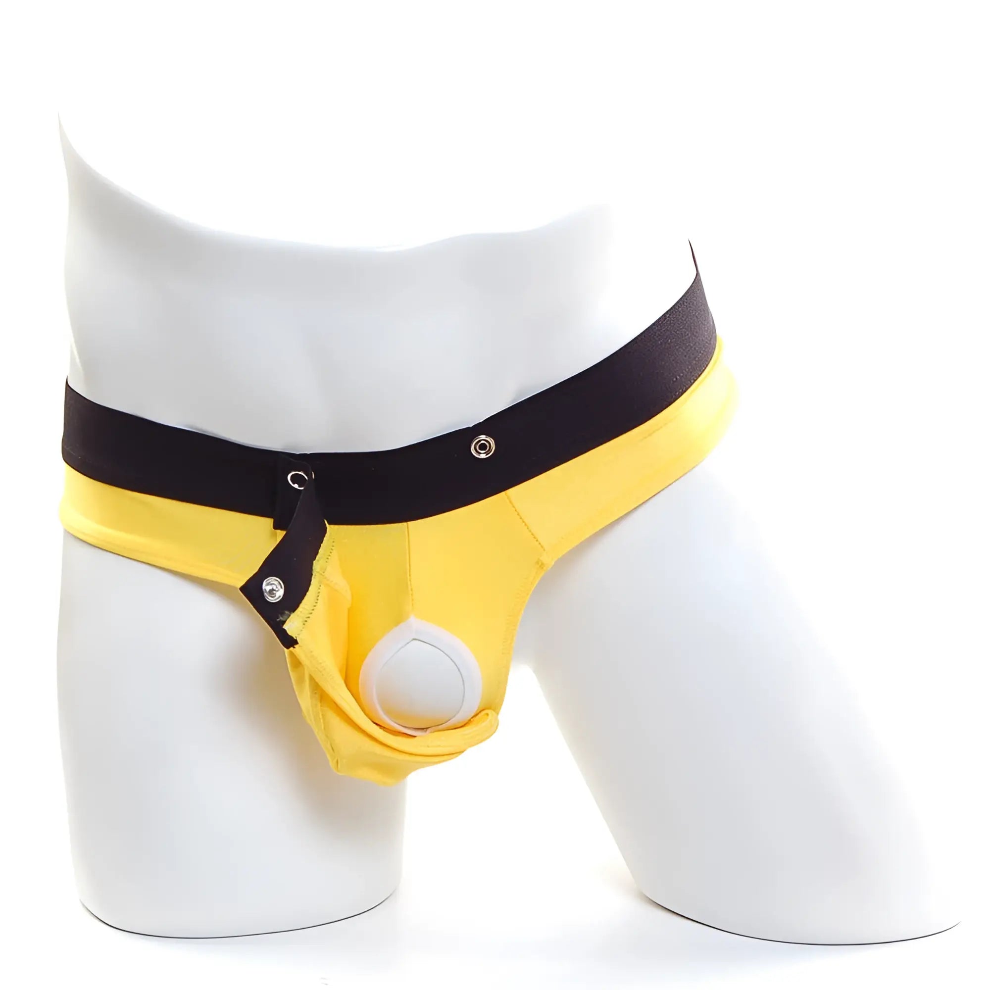 Yellow and black mens briefs with a white circular detail from metromalewear snap thong mango 2212-15 collection