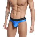 MetroMalewear snap thong royal 2212-18 blue metallic briefs with black elastic waistband and red logo on front
