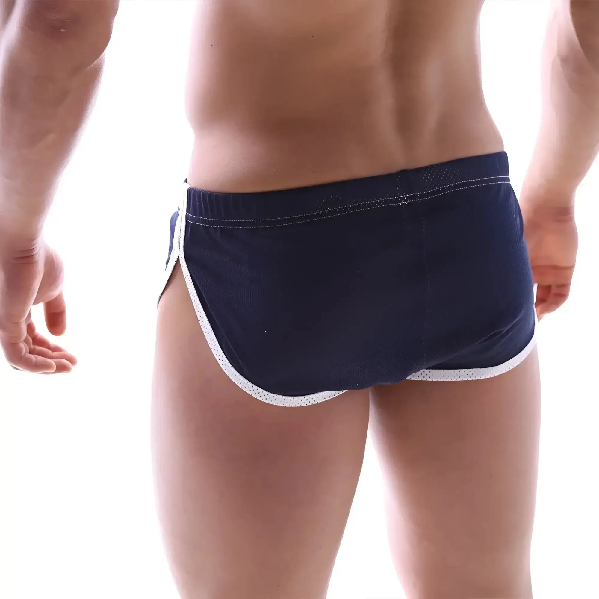 Navy blue mesh athletic briefs with white perforated trim from metro male wear soccer split short 4705-28