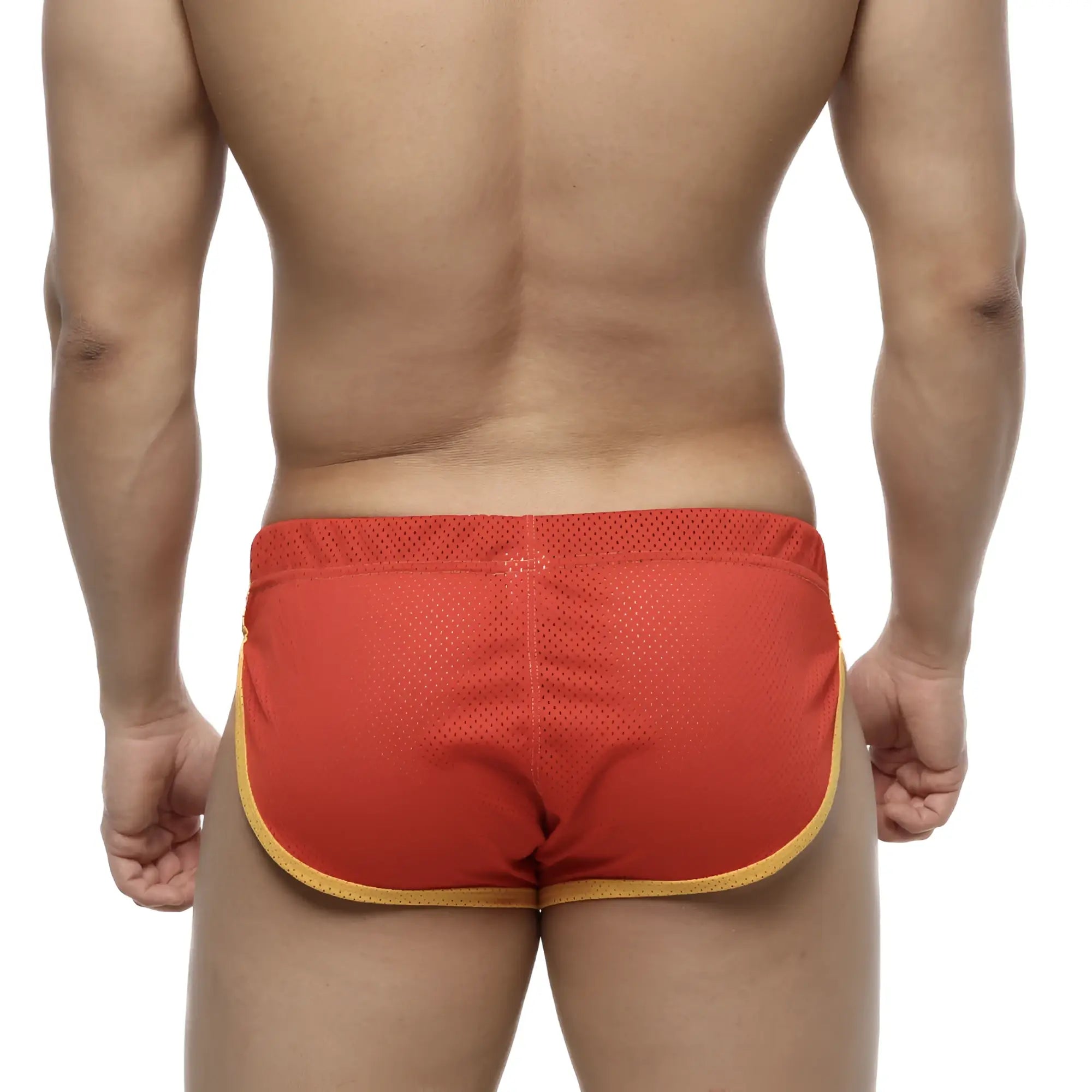MetroMaleWear soccer split short red mesh athletic briefs with yellow trim designed for sports and activewear