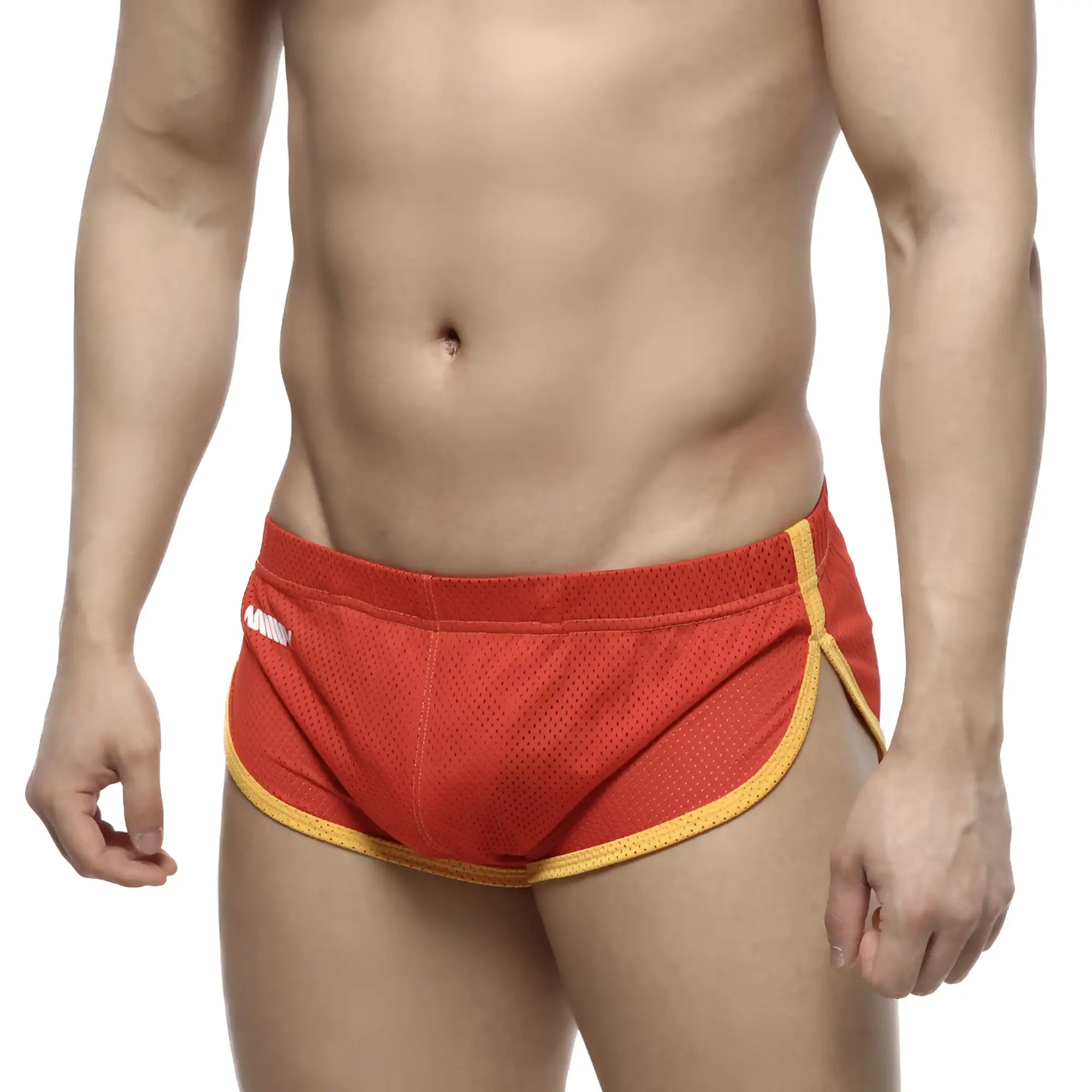 Metro male wear soccer split short red 4705-12 red mesh athletic briefs with yellow trim for sports use