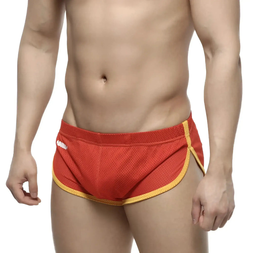 Metro male wear soccer split short red 4705-12 red mesh athletic briefs with yellow trim for sports use