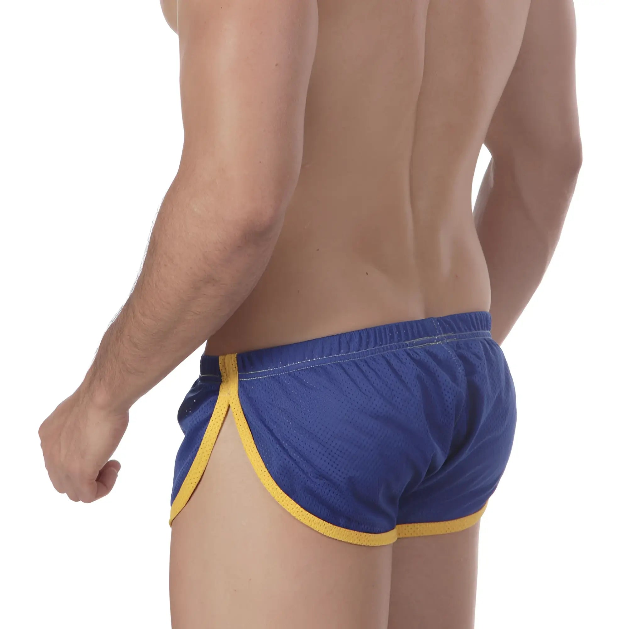 MetroMalewear soccer split short royal 4705-18 blue athletic shorts with yellow trim and mesh fabric design
