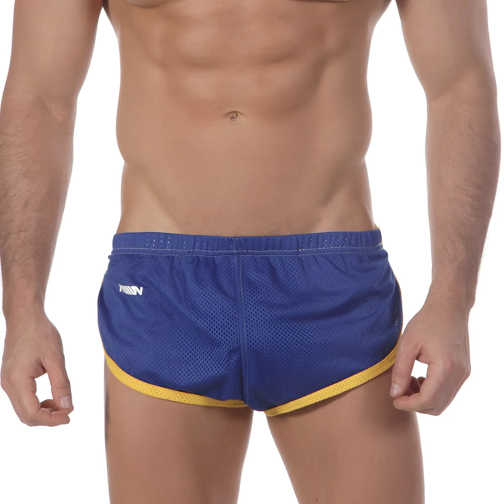 Blue mesh MetroMaleWear soccer split shorts with yellow trim and white logo on left leg royal 4705-18
