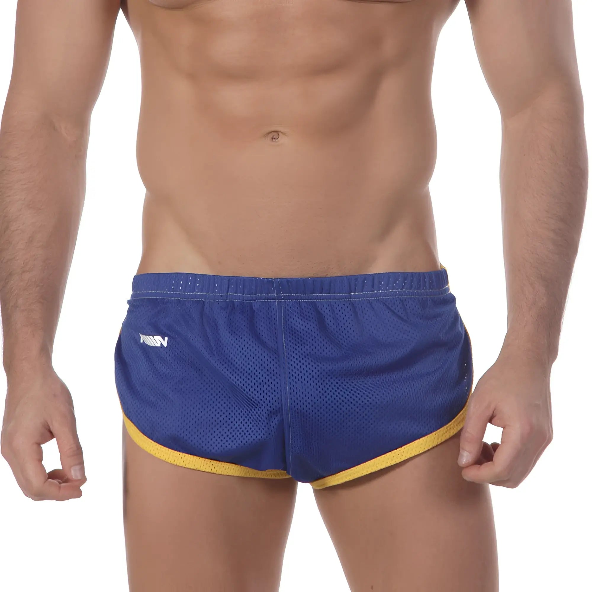 Blue mesh MetroMaleWear soccer split shorts with yellow trim and white logo on left leg royal 4705-18