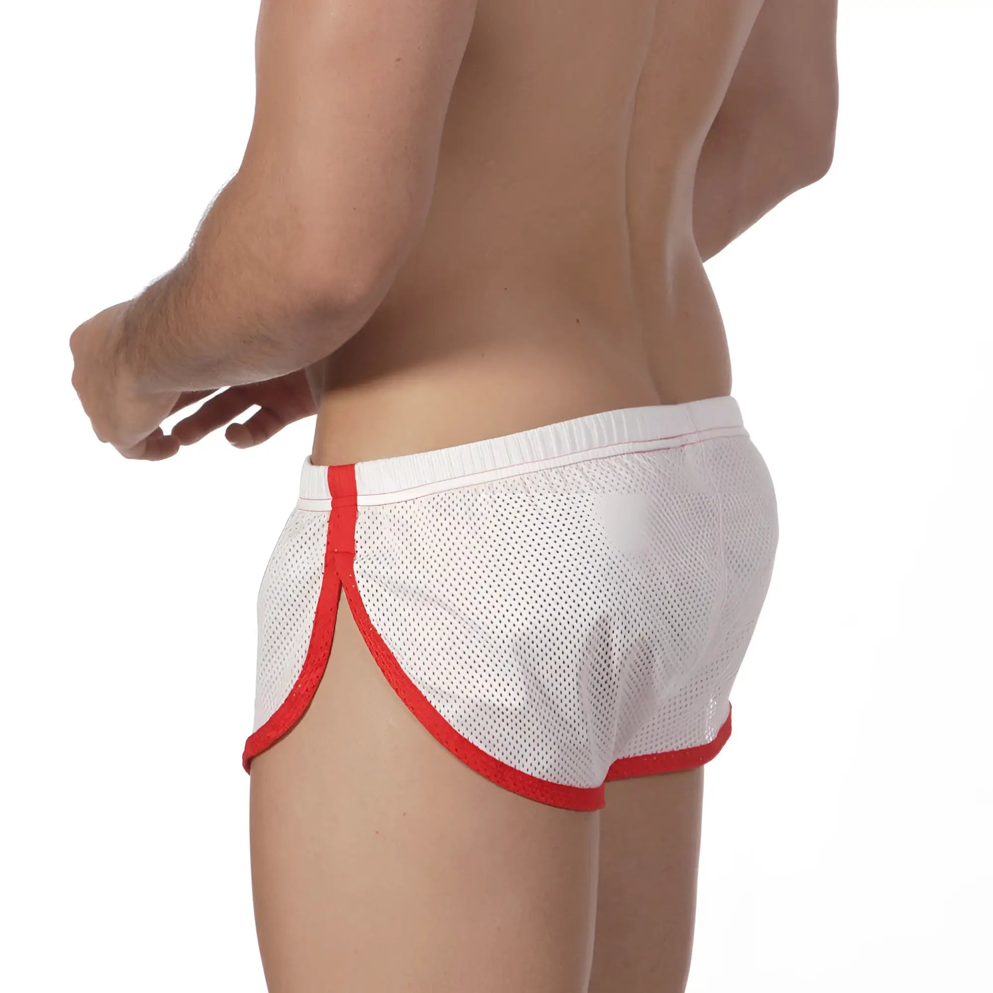 White mesh athletic soccer shorts with red trim and elastic waistband from metromalewear model 4705-00