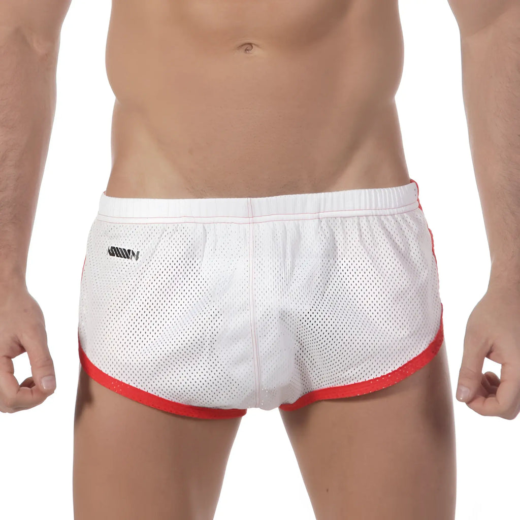White mesh mens briefs with red trim and black logo waistband from metromalewear soccer split short 4705-00 collection