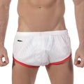 White mesh mens briefs with red trim and black logo waistband from metromalewear soccer split short 4705-00 collection