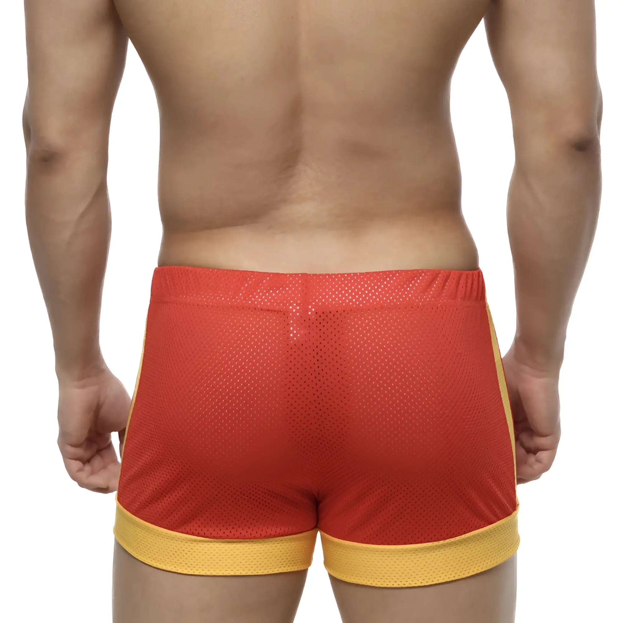 Red and yellow mesh athletic soccer swim shorts with elastic waistband metro malewear 4704-12