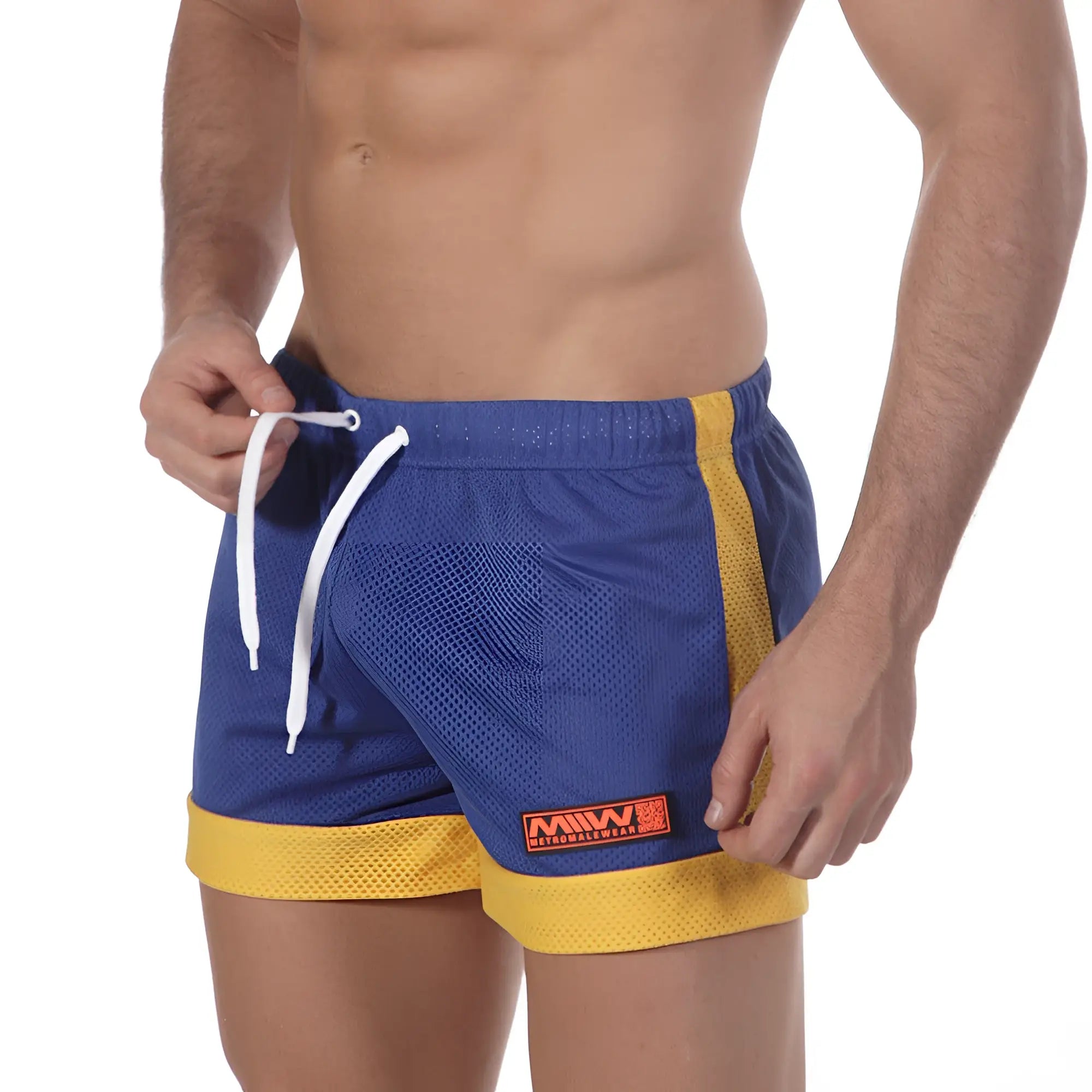 MetroMaleWear soccer swim shorts royal 4704-18 blue and yellow mesh with white drawstrings for athletic use