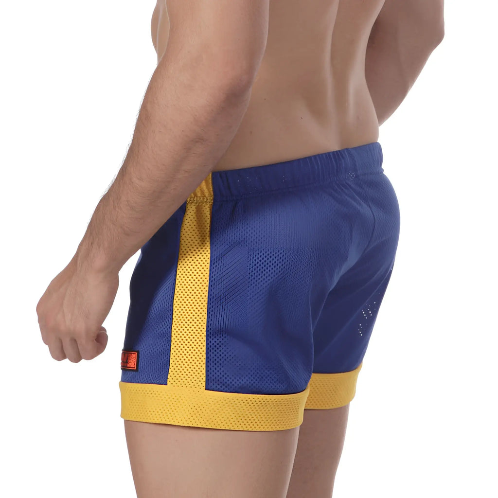 MetroMaleWear soccer swim short royal 4704-18 blue and yellow mesh with bold vertical stripe down the side