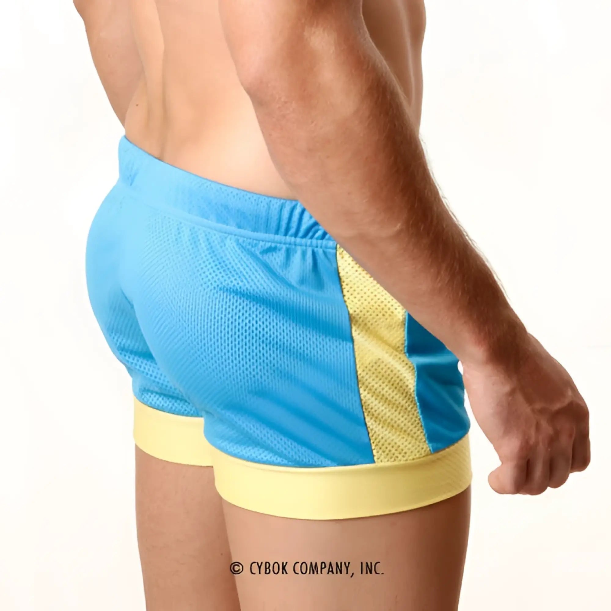 MetroMaleWear soccer swim short sky 4704-08 features blue and yellow mesh with a bold color-block design