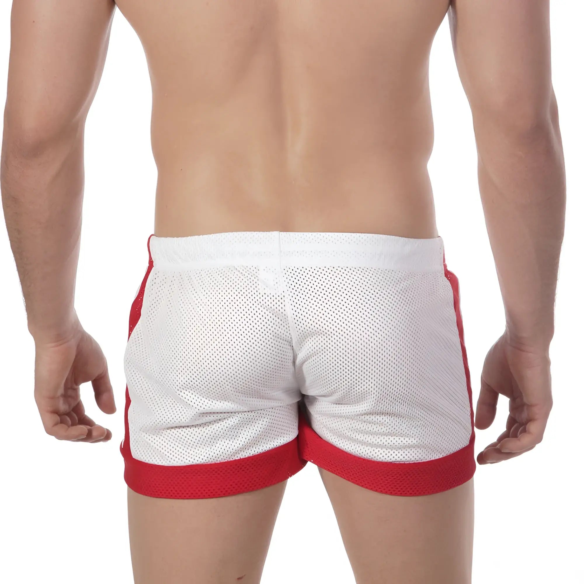 MetroMaleWear soccer swim short white mesh with red side stripes and matching red waistband 4704-00