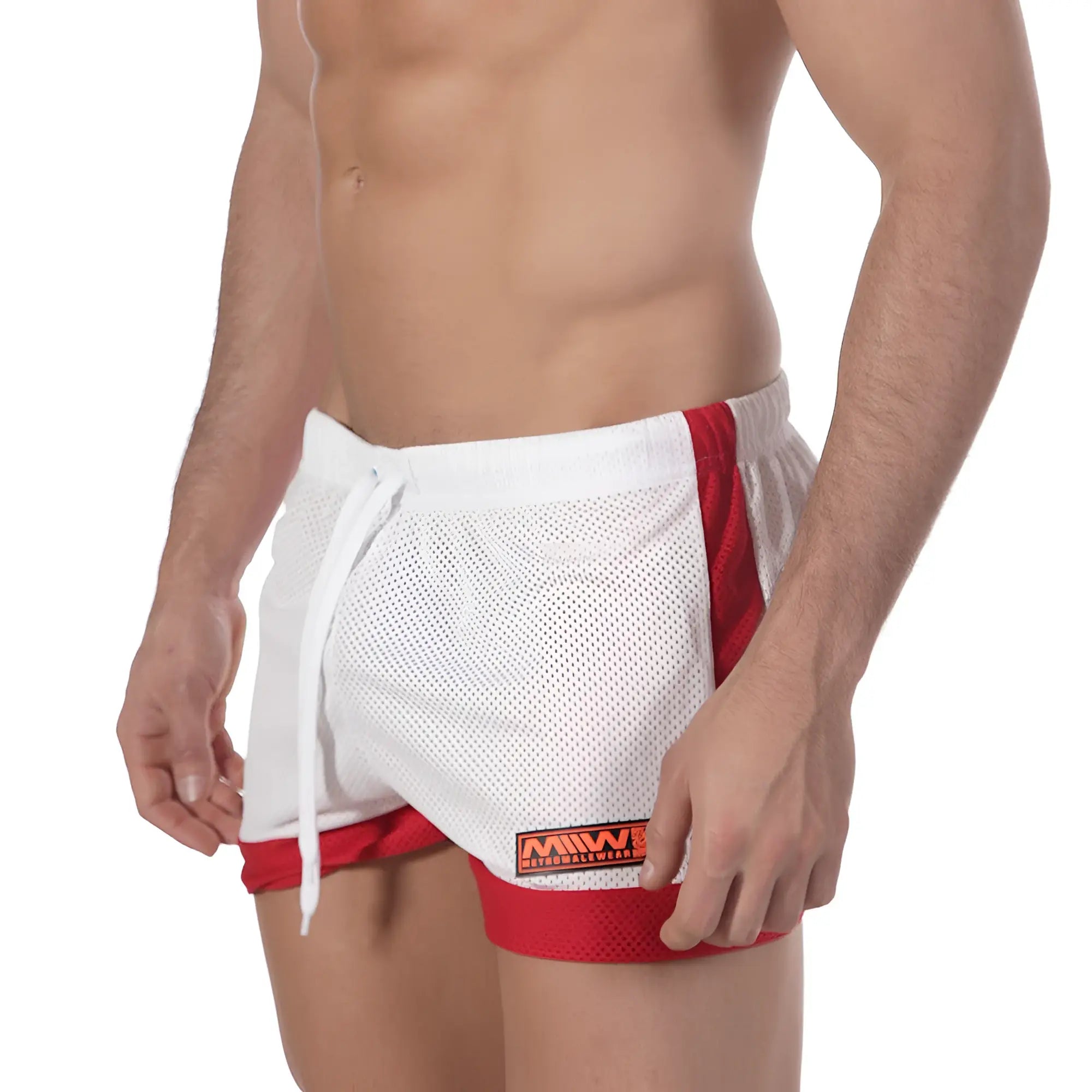 MetroMaleWear soccer swim short white 4704-00 mesh athletic shorts with drawstring waistband and orange logo patch