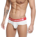 White briefs with a red elastic waistband featuring the metromalewear logo in white from metro male wear soft brief 5106-02