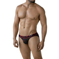 Black briefs with red geometric patterns and a white logo on the waistband from MetroMaleWear spade bikini 5103-M36