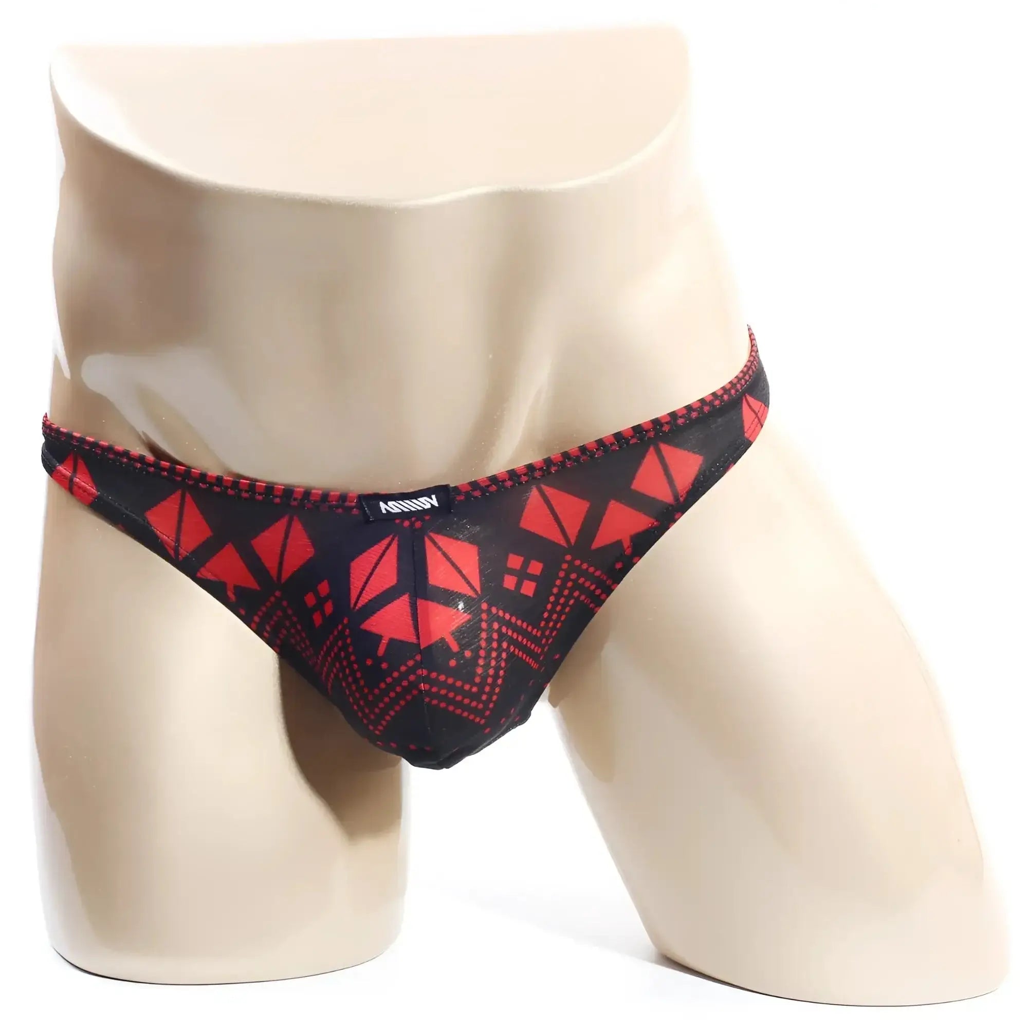 MetroMaleWear spade thong 2302-74 black and red geometric men’s briefs with mesh fabric finish