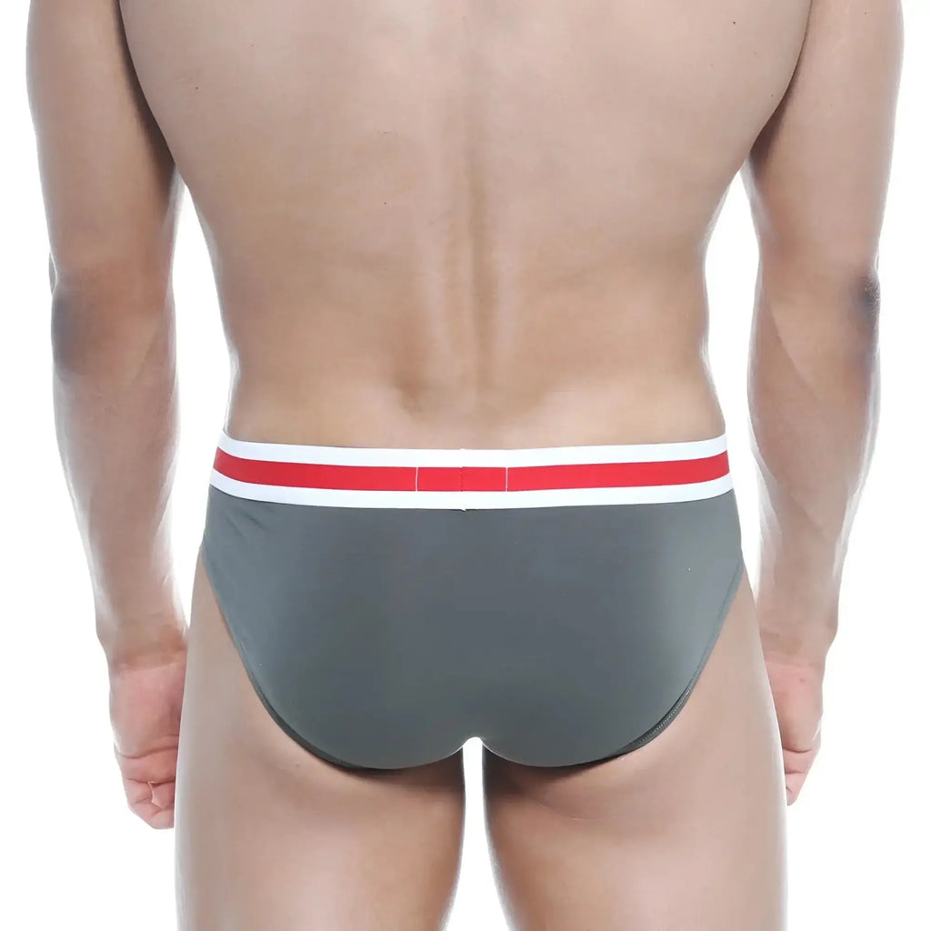 Gray briefs with red and white striped waistband from metromalewear spartacus brief green 3804-26 collection