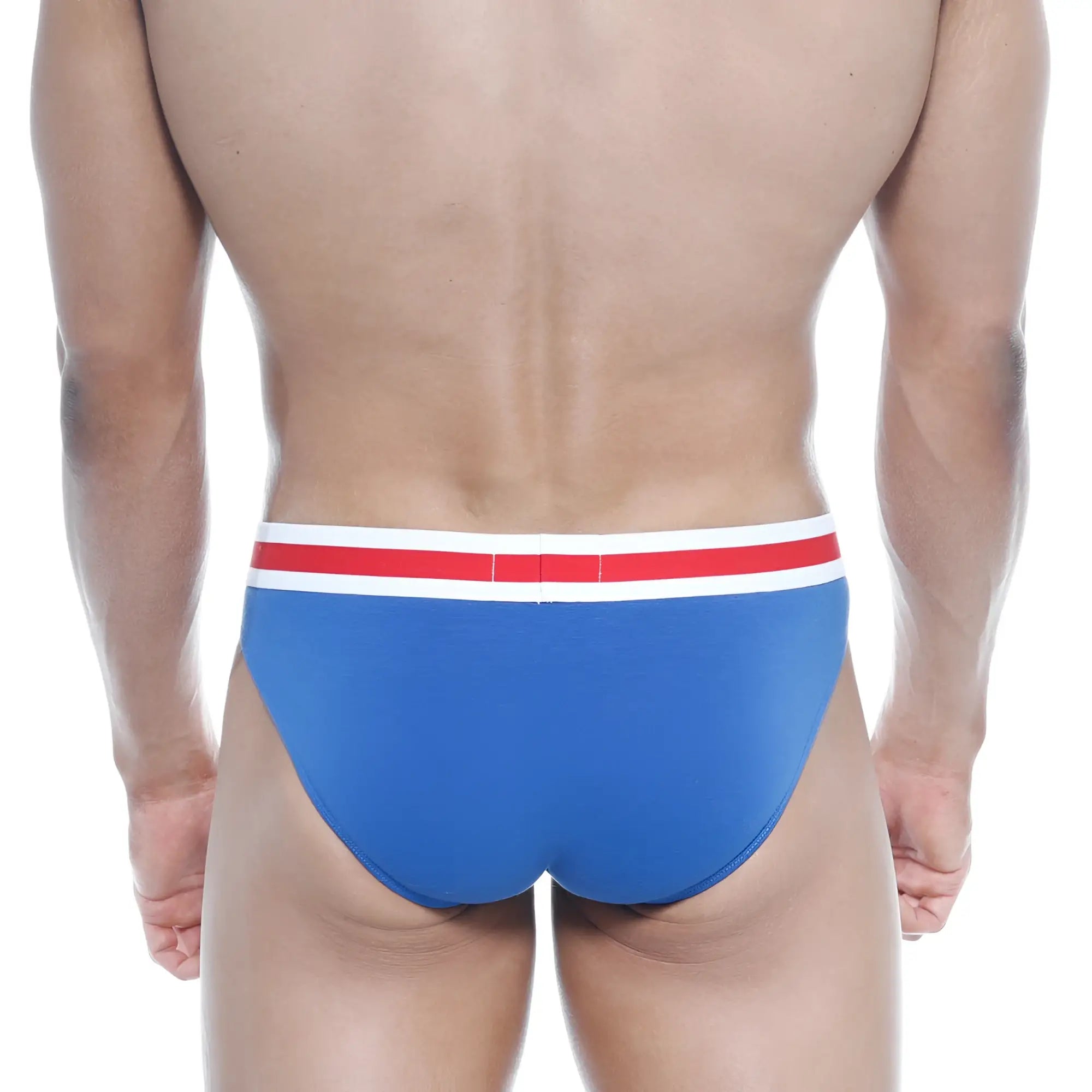 Blue briefs with a red and white striped waistband from metromalewear spartacus brief royal 3804-18 collection