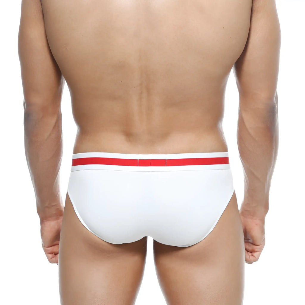 White briefs with a bold red stripe on the waistband metro male wear spartacus brief white 3804-00