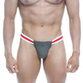 Gray athletic briefs with a red and white striped waistband from MetroMaleWear Spartacus Thong Green 3802-26 front view
