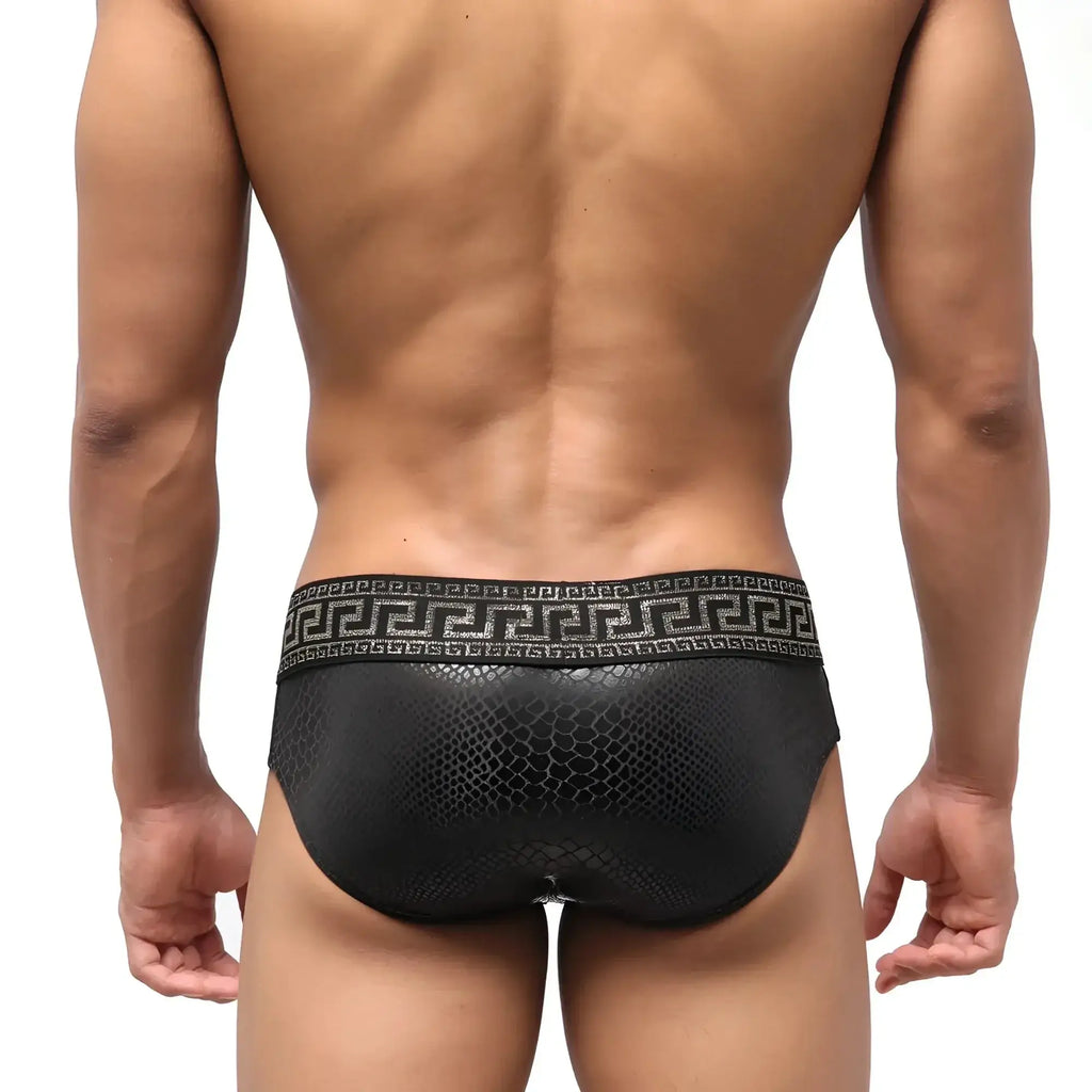 MetroMaleWear special edition anaconda swim brief in black textured fabric with greek key pattern waistband