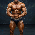 A muscular man wearing dark blue swim briefs with a white geometric waistband from MetroMaleWear special edition