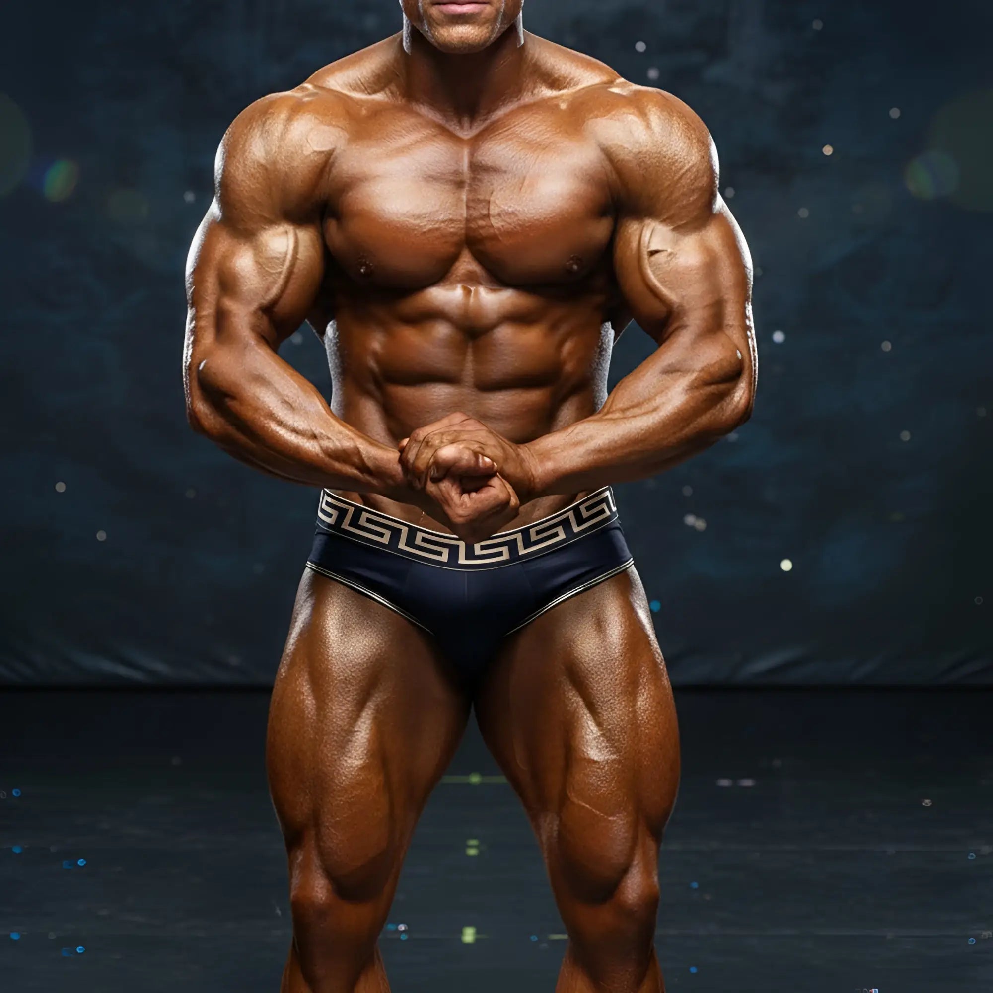 A muscular man wearing dark blue swim briefs with a white geometric waistband from MetroMaleWear special edition