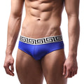 Blue MetroMaleWear special edition grid swim brief with black and white greek key waistband in royal color