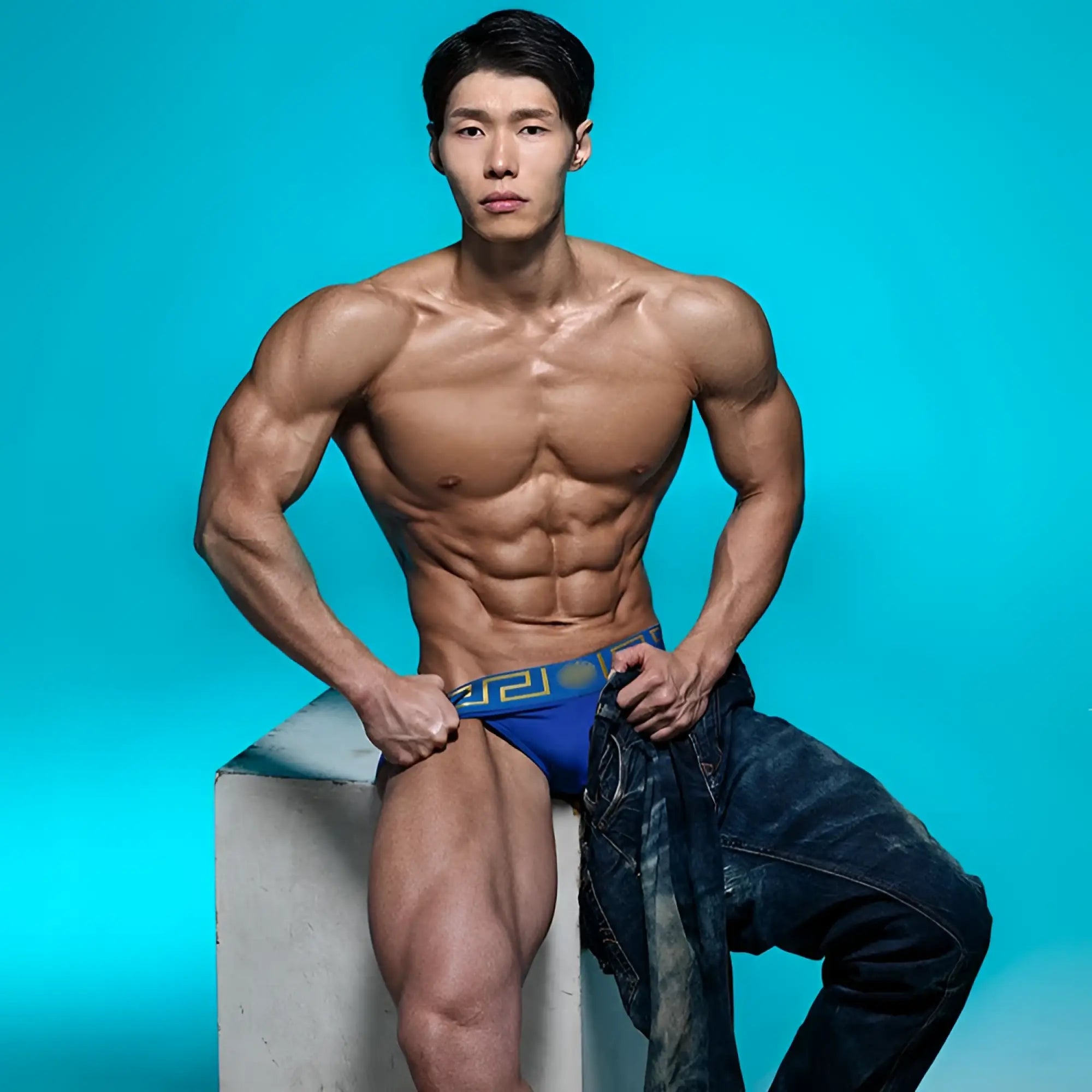 Blue athletic swim briefs with gold geometric pattern by MetroMaleWear special edition roman 4916-SP21