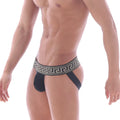 Black athletic briefs with bold white greek key pattern waistband from MetroMaleWear special edition Tribu jock strap