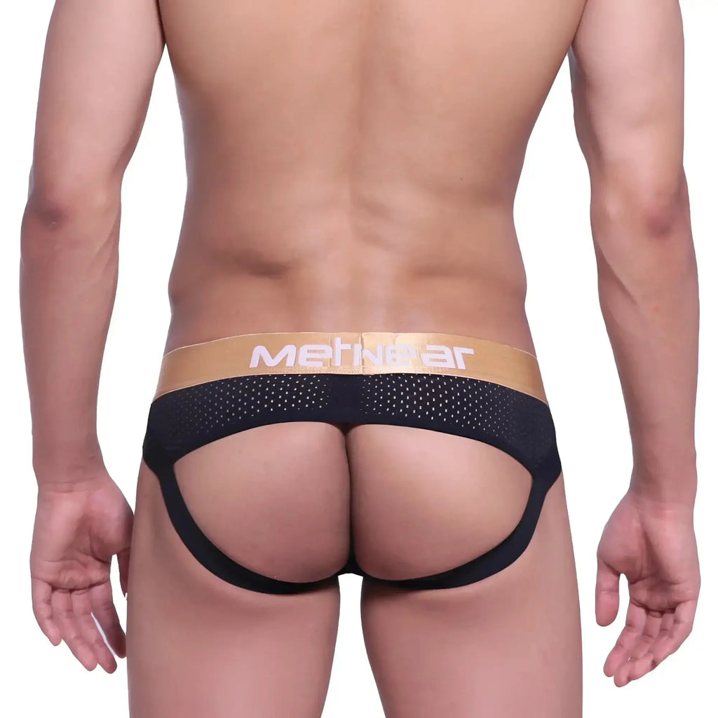 Black mesh briefs with gold metnwear logo waistband metro malewear speed jock strap black 2301-20 front view
