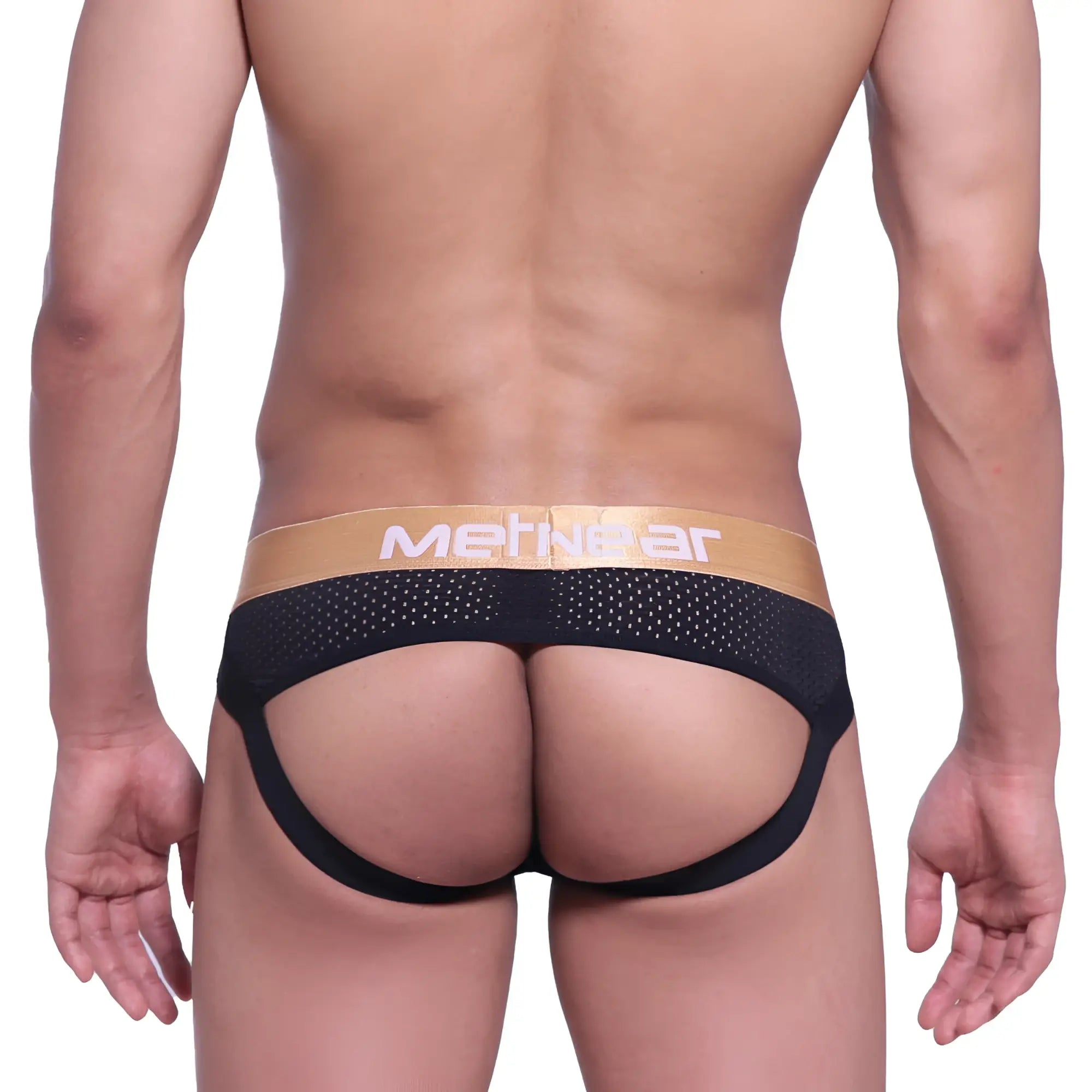 Black mesh briefs with gold metnwear logo waistband metro malewear speed jock strap black 2301-20 front view