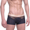 Black mesh boxer briefs with gold metromalewear waistband from metroamalewear speed mesh hip trunk 2314-20