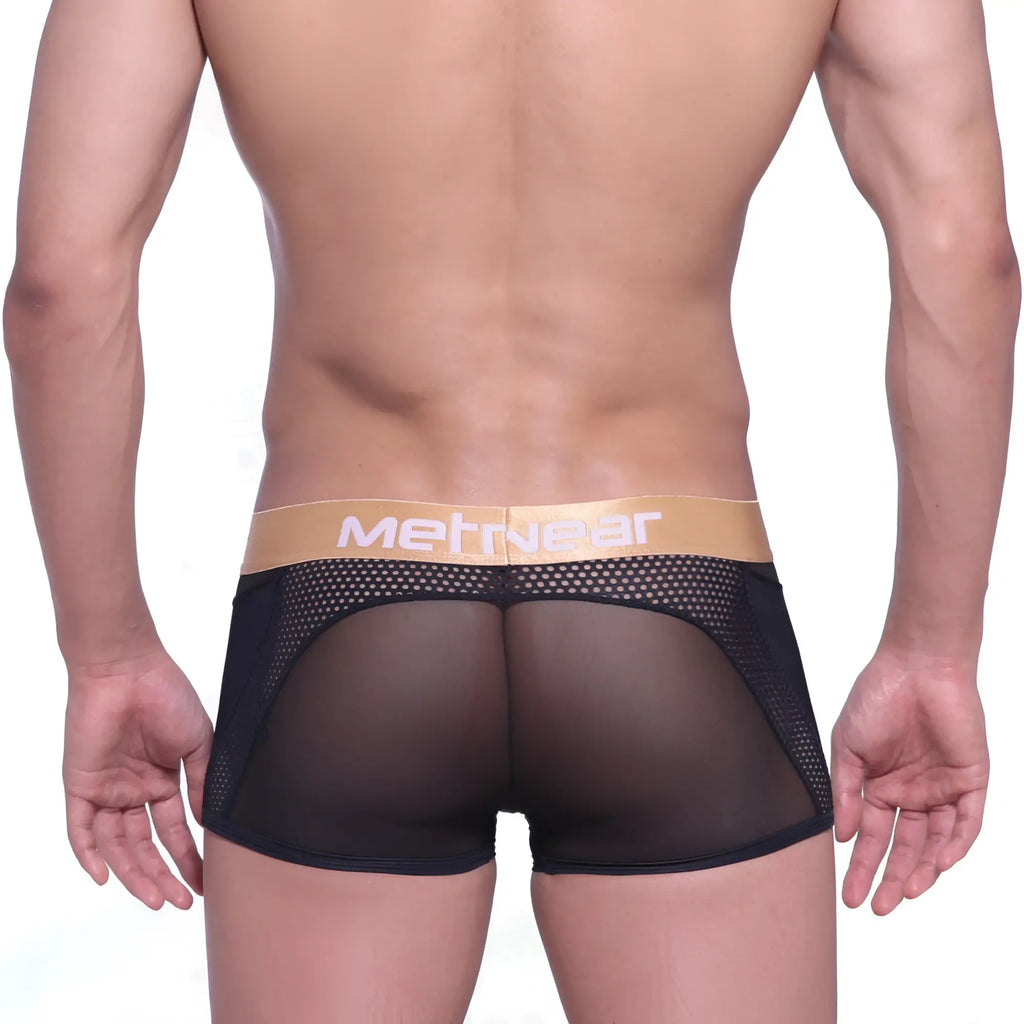 Black mesh briefs with tan waistband featuring metriwear logo from MetroMaleWear Speed Mesh Hip Trunk 2314-20
