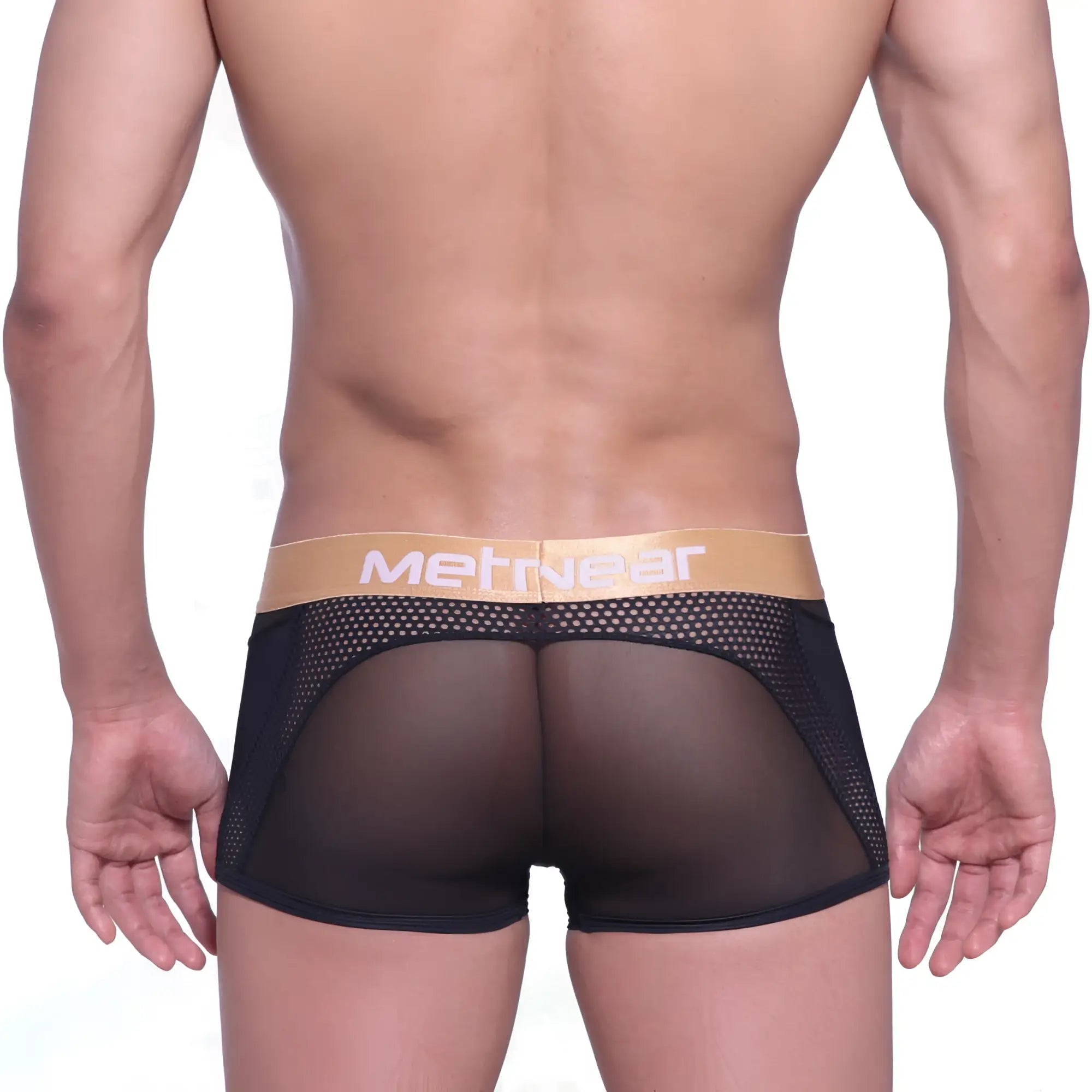 Black mesh briefs with tan waistband featuring metriwear logo from MetroMaleWear Speed Mesh Hip Trunk 2314-20