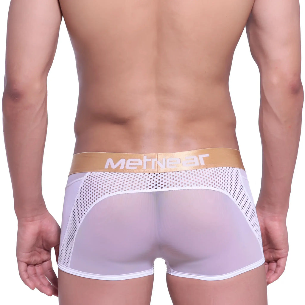 White mesh speed briefs with gold metgear waistband from metro malewear model 2314-00