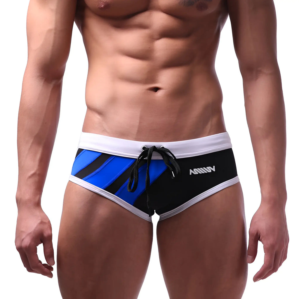 Metro malewear speed swim brief royal blue blue and black striped swim trunks with white trim and drawstring waistband