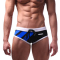 Metro malewear speed swim brief royal blue blue and black striped swim trunks with white trim and drawstring waistband