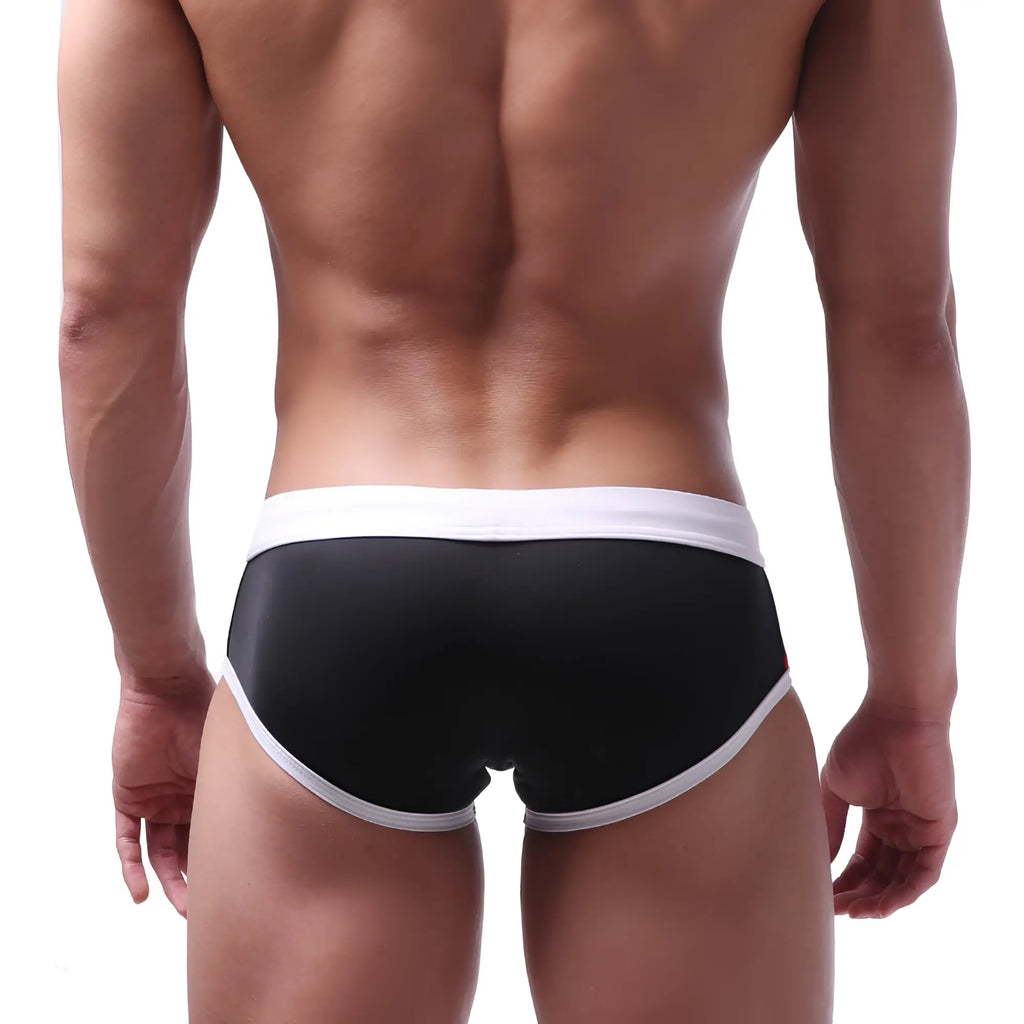 MetroMalewear speed swim brief in black with white trim and red accent designed for swimming and water sports