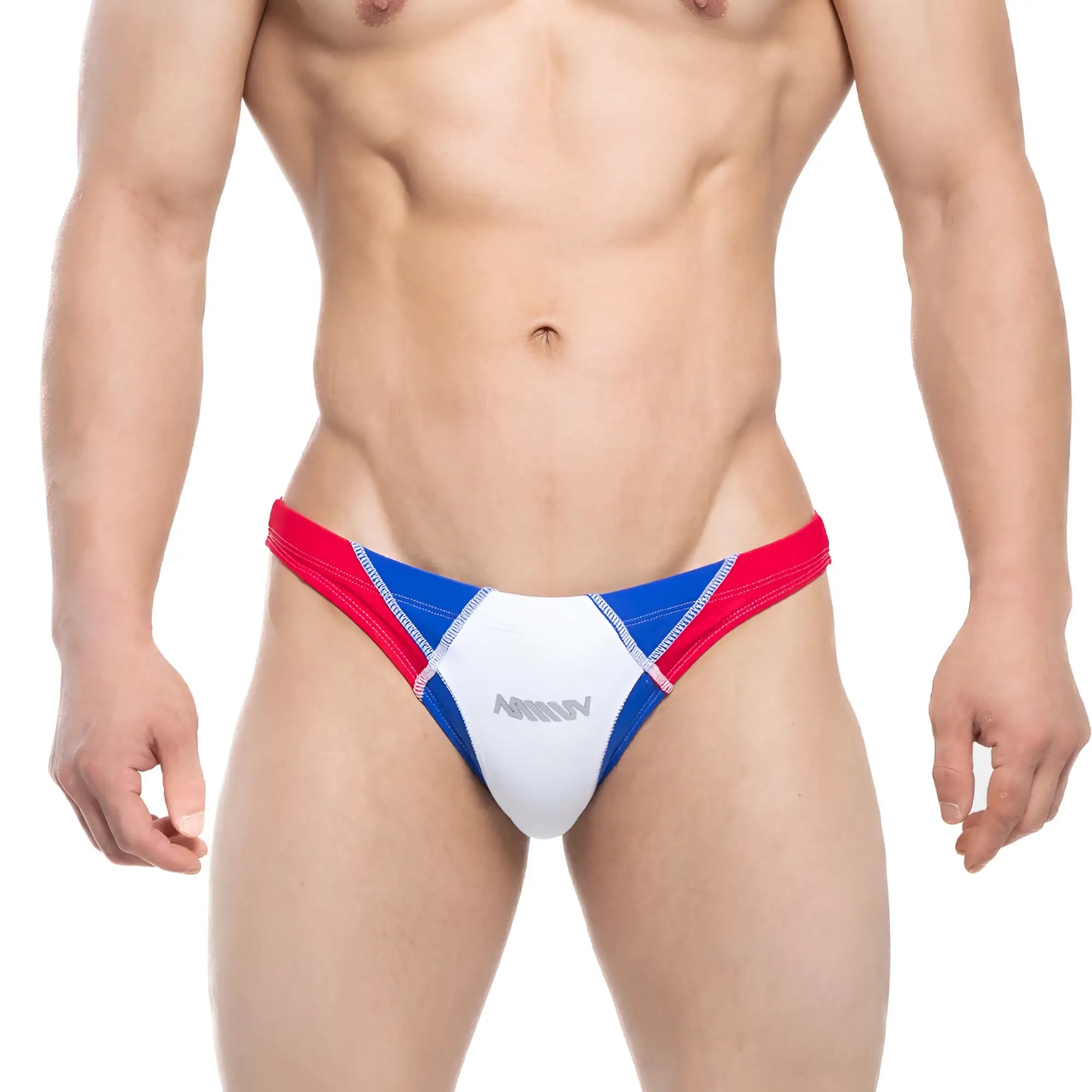 MetroMaleWear splash swim bikini blue 4989-18 men’s briefs color-blocked red blue white with silver arrow logo on front